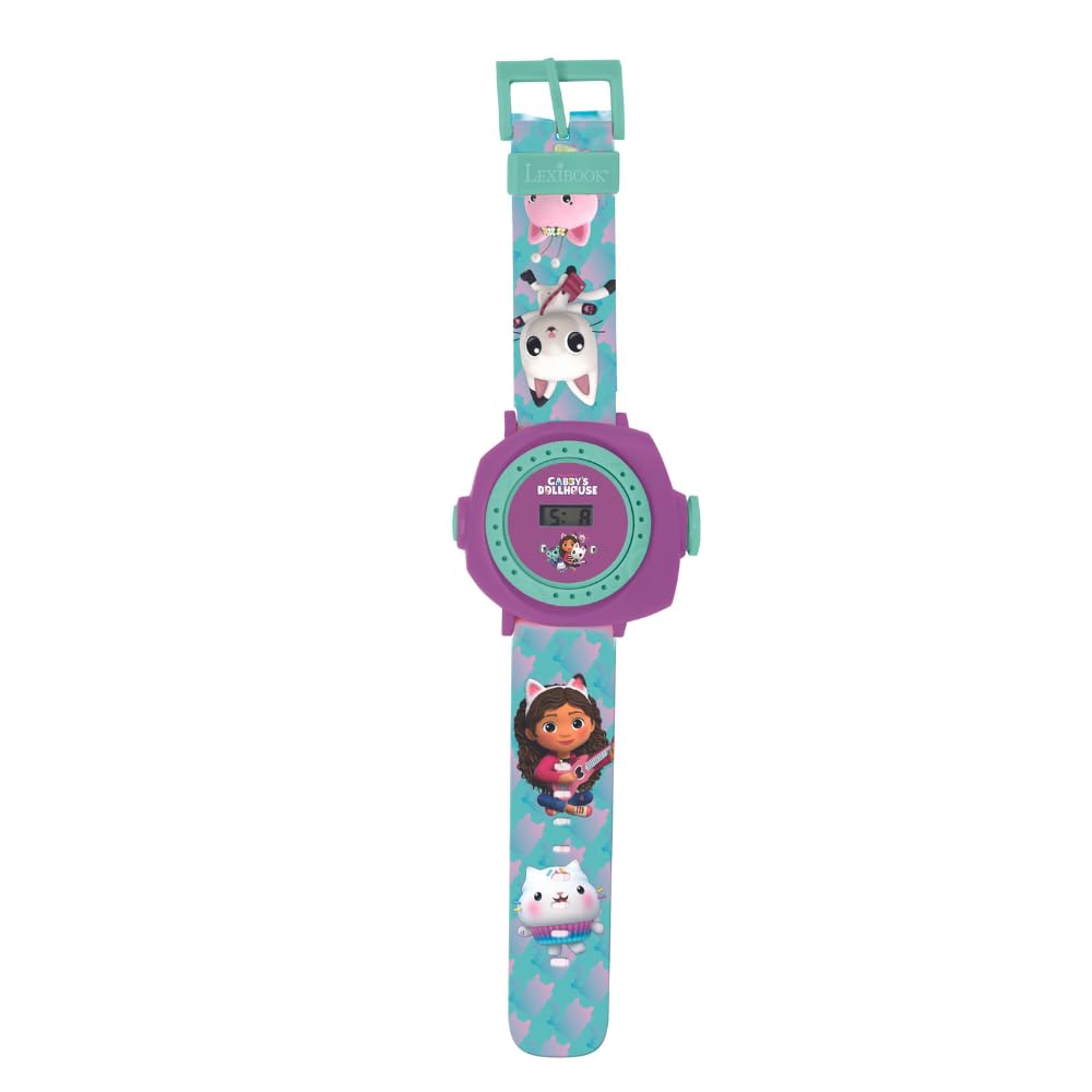 LEXIBOOK, Gabby's Dollhouse, Adjustable Projection Watch with Digital Screen, 20 Images of The Gabby's Dollhouse Series, for Children, Blue/Purple, DMW050GDHLXB