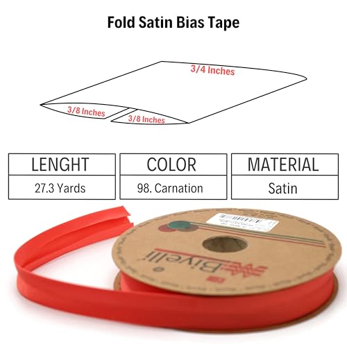 Image of Fold Satin Bias Tape - 99+ Colors - 3 /4 Inches Wide - 27 Yards - Fold Satin Binding Bias Ribbon Fabric Piping Bias Binding Tape for Sewing Clothing DIY (98. Carnation) BYS98