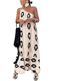 PRETTYGARDEN Women's Summer One Shoulder Maxi Dresses Printed Flowy Boho Beach Vacation Long Sundress (Beige Black Floral,Medium)