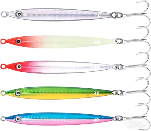 5Pcs 20g/30g/40g Sea Fishing Spinner Lure,Saltwater Fishing Jigs,Hard Metal Sea Fish Spinners,Colorful Laser Jigging Spoons with Treble Hooks, Long Casting Jig for Mackerel Cod Bass Pike (40G)