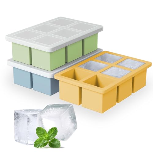 Large Silicone Ice Cube Tray 3Pack, SAWNZC Big Square Ice Cube Molds for Whisky Cocktail, Ice Maker Tray with Lid for Freezer, Easy Release (3, Blue-Green-Yellow)