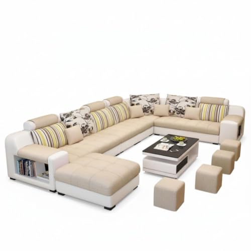 Image of Torque Callister 12 Seater Sofa Set for Living Room (Beige) | Interchangeable U Shape Sectional Sofa | Solid Wood Frame & High-Density Supersoft Foam | Includes Puffy & Stool | Modern Home Furniture