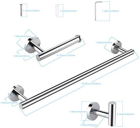 JIZZU Stainless Steel Towel Bars Bathroom Accessories Set, Chrome Towel Rails Wall Mounted 50cm & hand towel holder & Towel Robe Hook with Screws, Towel Bar, Towel Rack, Suitable for Bathroom, Kitchen