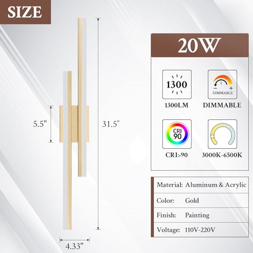 Image of LED Wall Sconce Set of 2 Gold Remote Modern LED Vanity Lights Set of 2 Indoor Wall Light Fixtures for Living Room, Dimmable Wall Sconce for Bedside Bedroom Bathroom, L31.5inch 2 Pack