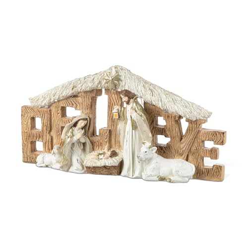Image of Glitzhome Holy Family Nativity Scene Set Indoor 8 inch H, Gold Ivory Believe Manger Nativity Set for Christmas Decorations, Christian Religious Nativity Sets & Figures Xmas Home Mantel Fireplace