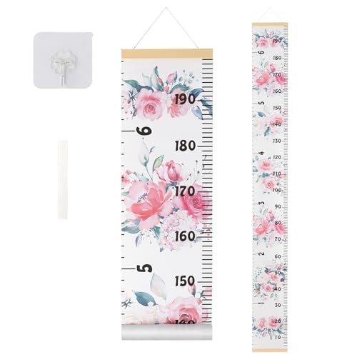 Image of BESSLEE Canvas Kids Growth Chart for Wall, Floral Height Measurement Tracker for Baby Girl, Hanging Ruler with Removable Hook, Nursery Room Playroom Toddler Bedroom Decor, 79”x7.9” Pink