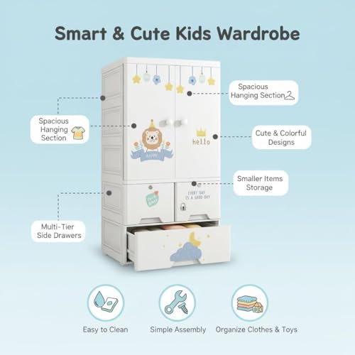 Image of Strassis Design 4- Door Plastic Wardrobe for Kids| Almirah and Wardrobe for Baby Clothes| Modular Storage Cabinet with Wheel Organizer for Cupboard Rack for Clothes /Shoes /Books /Toy (Lion)