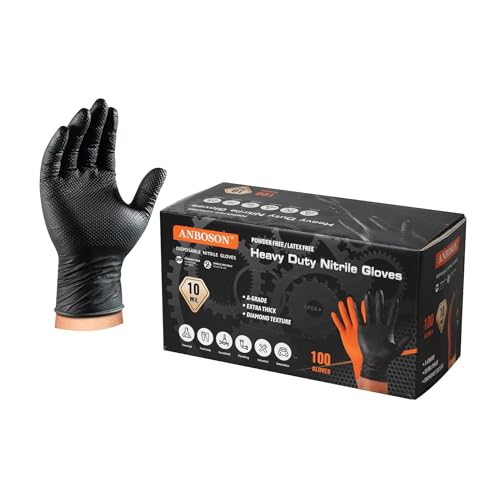 ANBOSON 10 Mil Nitrile Disposable Gloves Heavy Duty Mechanic Gloves Raised Diamond Texture Thick (Coal of 100, X-Large)