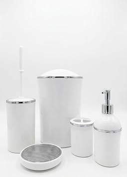 5 Parça Yuvarlak Lüks Banyo Seti – Sert Plastik Çöp Kovalı, Sıvı Sabunluklu, Diş Fırçalıklı ve Klozet Fırçalı Standart Banyo Takımı, Düzenleyici ve Aksesuar Seti (Krom-Beyaz)