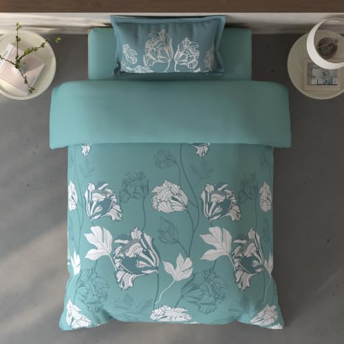 Image of Spaces Fiora Floral Single Bedsheet with 1 Pillow Covers | 100% Cotton Bed Sheet | Percale Bedding Set | Super Soft & Breathable Bedsheet | Light Teal | 152 x 228 Cm