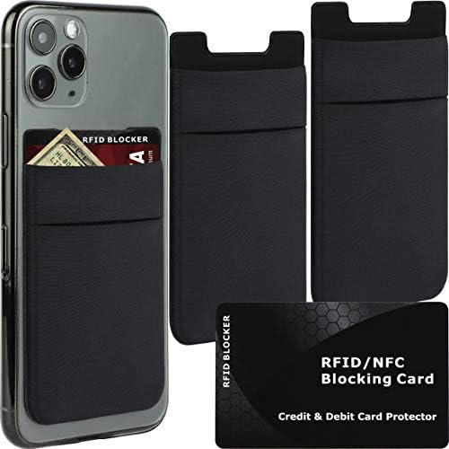 3pcs Stick On Phone Back Card Pouch and 1 Wallet Shield RFID Blocking Card. Adhesive Phone Pocket Wallet Fits Most of Phones and Cases, Holds Credit Cards, Cash, Driving License, Earphones - 3 Black