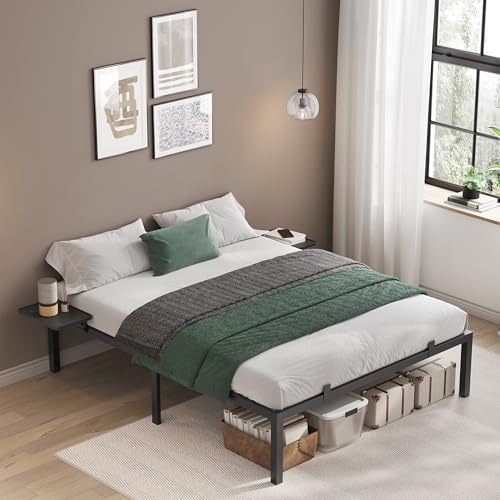 VASAGLE Bett 160 x 200 cm, Gästebett mit Aufbewahrungsregalen, Doppelbett, Bettgestell aus Metall, Bettrahmen, Metallbett, einfache Montage, klassikschwarz RMB095B01