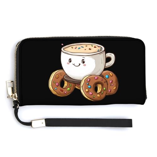 Coffee Cup in Donuts Car Clutch Wallet Wristlet Long Handbag PU Leather with Card Slots Cash Coin Pocket for Women Men