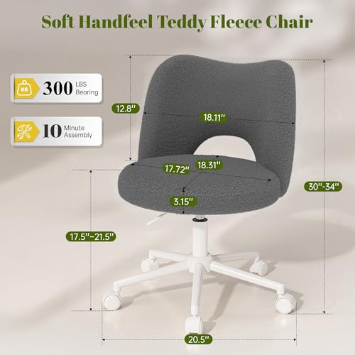Image of DurayLoly Vanity Chair with Open-Back & Wheels,Armless,Grey | 360 Silent Wheels,Comfy Teddy Fleece,Height Adjustable for Make-up Room,Bedroom,Dorm,Grey