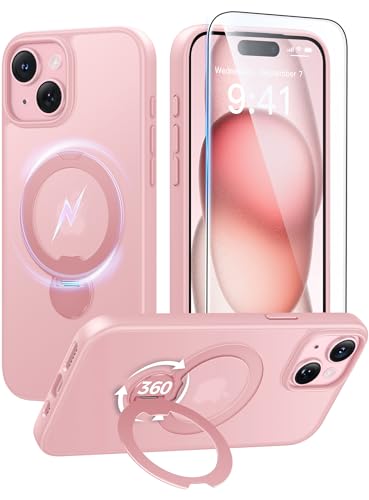 Image of FNTCASE for iPhone 15 Plus Case: iPhone 14 Plus Phone Case [360 Spin Magnetic Stand] [Compatible with Magsafe] [Screen Protector] Translucent Matte Military Grade Shockproof Phone Cover - Pink