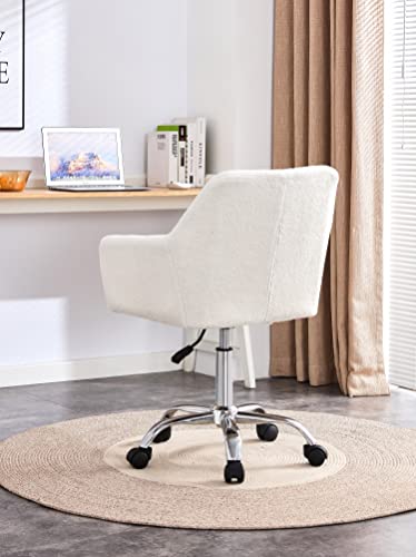 Modern Faux Fur Home Office Chair, Upholstered Fluffy Makeup Vanity Chair For Teen Girls Swivel Desk Chair, Height Adjustable Leisure Elegant Chair, White #TOP3
