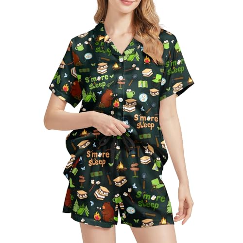 Image of Silk Satin Pajama Set for Women Summer Lounge Pjs Sets 2 Piece Suit Ladies Button Down Tops And Shorts Sleepwear