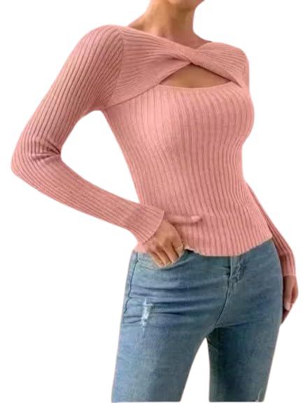 Maa purnagiri Enterprise Latest Long Sleeve Plain Cutout Ribbed Knit Top for Girls | Stylish Polyester Casual Wear Crop Tee-image-6