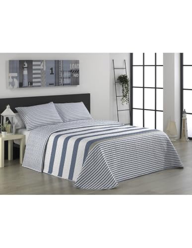 Colcha Bouti Reversible Newport con Estampado de Rayas Azul y Blanco, Acolchada con Ligera Guata para Entretiempo, Textil Hogar de Poliéster, Elegante Estilo Marinero para Dormitorio (135)