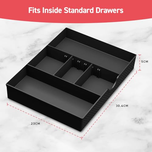 Amtido Desk Drawer Organiser Tray for Office Stationary Supplies & Accessories - Sleek 3 Compartments Stationery Organisers with 2 Adjustable Dividers - Black Desk Tidy Organiser - Image 2