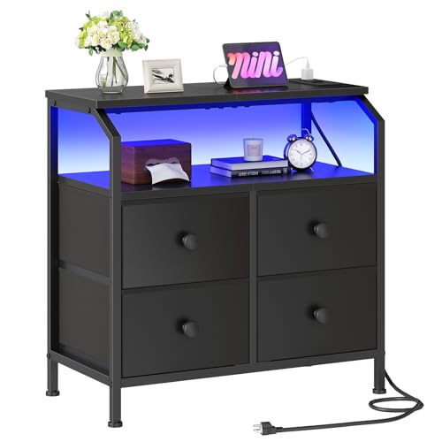 HOOBRO Nightstand with Charging Station, End Table with LED Light Strip, Night Stand with 4 Non-Woven Fabric Drawers, 2 Open Shelves, Bedside Table for Bedroom, Black BB190UDBZ01