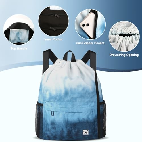 Risefit Drawstring Backpack with Mesh Pockets String Gym Bag Sackpack Sandproof Water Resistant Beach Backpack for Men Women (Gradient Blue) by Risefit - Used condition - Image 4
