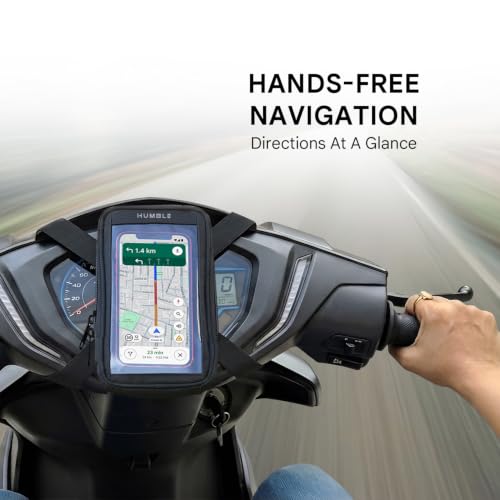 Image of Humble Universal Scooty & Scooter Mobile Holder Touch-Friendly Water-Resistant Phone Mount with Storage Pocket and Anti Slip Handlebar Grip for Activa, Jupiter, Access, Fits Up to 6.8 Inch (Black)