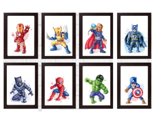 Safari Art Lot de 8 impressions murales de super-héros à l'aquarelle pour enfants - Spider-Man, Ironman, Hulk, Batman - 17,8 x 12,7 cm