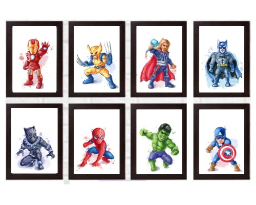 Safari Art Lot de 8 impressions murales de super-héros à l'aquarelle pour enfants - Spiderman, Ironman, Hulk, Batman - 20,3 x 15,2 cm