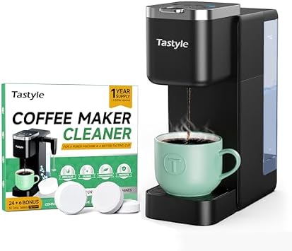 Tastyle Single Serve Coffee Maker with 30 Descaler Cleaner Tablets, Iced and Hot Coffee Machine for K Cup & Grounds, Compact Design, 40oz Removable Water Reservoir