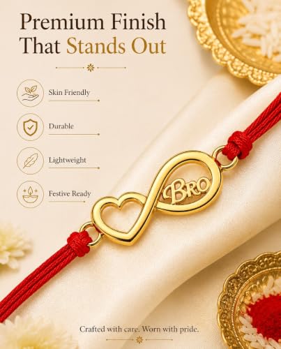 Image of Gold Plated Designer Rakhi Bracelet for Brother | Infinity, Heart, Evil Eye & BRO Designs | Raksha Bandhan Rakhi with Roli Chawal & Greeting Card