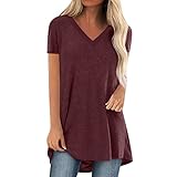 Picture of KKG Tops Tunics for Women to Wear with Leggings, Casual Loose Fit V Neck Short Sleeves Summer T Shirt A-Wine Red