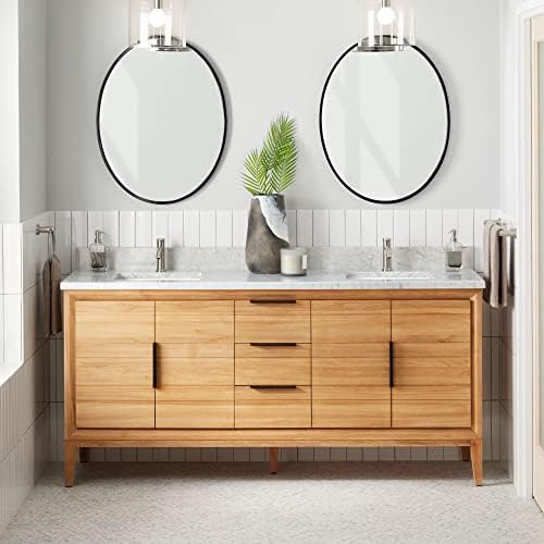 Signature Hardware 482571 Aliso 72" Free Standing Double Basin Vanity Set with Teak Cabinet, Marble Vanity Top, and Rectangular Porcelain Undermount Sink - Natural Teak/Carrara Marble