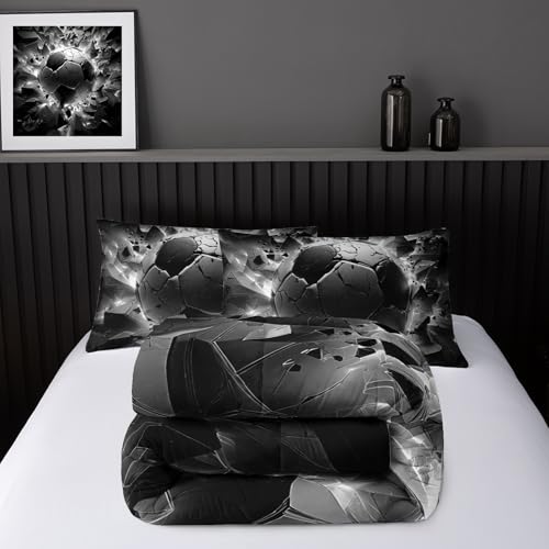 Image of Nttopship Soccer Bedding Comforter Set King Size for Kids Teens and Adults, Black and White Football Printed Bedding Sets 3 PCS,Ball Sports Themed Bedroom Decor with 1 Comforter and 2 Pillowcases