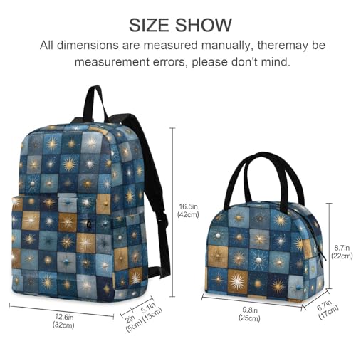 Celestial Checkered Print Backpack Set with Lunch Bag, Large Capacity Travel Backpacks and Lunch Box Insulated for Commute Hiking Picnic2