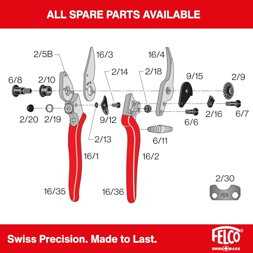 FELCO 16 Sekator kowadełkowy bypass dla leworęcznych, średnia dłoń, ostrze 42 mm ze stali hartowanej, aluminiowe kute uchwyty, precyzyjne cięcie do 20 mm, ergonomia szwajcarska