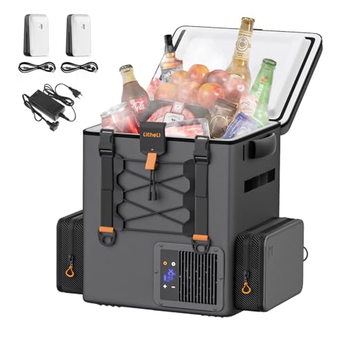 LiTHELi FrozenPack - Nevera con compresor de 20 l con adaptador CA CC, 12/24 V, 100/240 V, para camping, viajes, autocaravana, refrigeración rápida, 15 minutos, con 2 baterías de 4,0 Ah (3 paquetes)