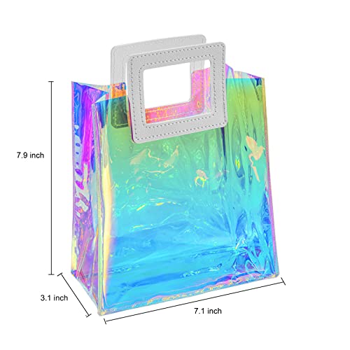 Holographic Gift Bags 8 Pack Small Size 7.9 * 7.1 * 3.9 Inch with Handles for Women, Girls, Birthday, Christmas, Bachelorette Party Favors, Shopping Reusable Clear Gift Wrap Bag