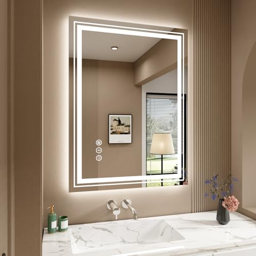 Image of WTTY LED Bathroom Mirror 32x24 Inch, Front Light and Backlit LED Mirror for Bathroom, Lighted Vanity Mirror for Wall, Stepless Dimmable, Anti-Fog, Shatter-Proof, Memory, Double LED Vanity Mirror