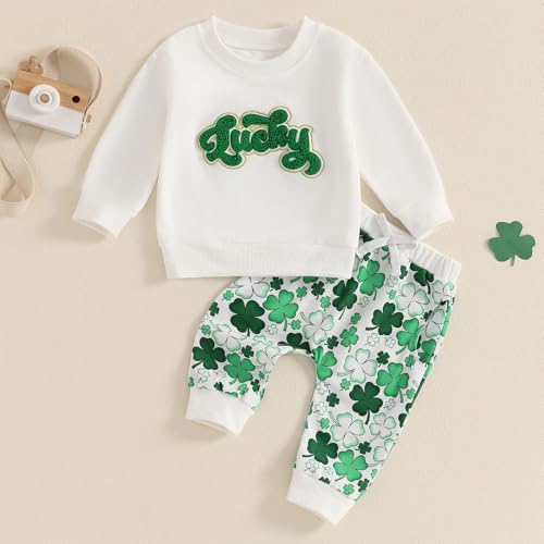 Nokpsedcb St Patricks Day Baby Boy Girl Outfit Cute Shamrock Sweatshirt Elastic Drawstring Long Pants Infant Spring Clothes (Green Lucky, 0-6 Months)