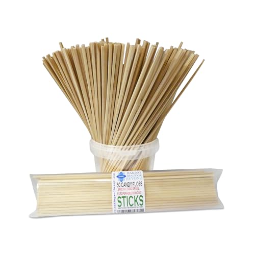 Baking Beauty and Beyond Cotton Candy Food Grade Square Birch Wood Sticks - Floss Sturdy Smooth and Eco-Friendly Food Safe Wooden Skewers for Floss Making or Crafts 50 Pieces 11 Inch (275mm)