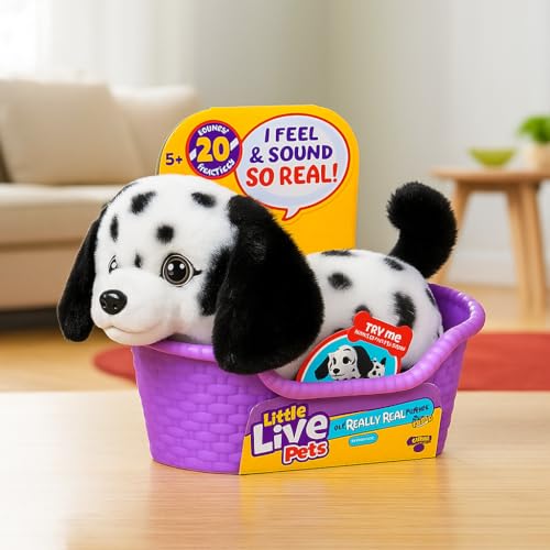 Little Live Pets My Really Real Puppy Minis – Pepper der Dalmatiner, interaktiver Puppy mit 20+ Geräuschen und Reaktionen, inklusive Korb zum Präsentieren, niedliches Geschenk für Kinder (11 cm groß)