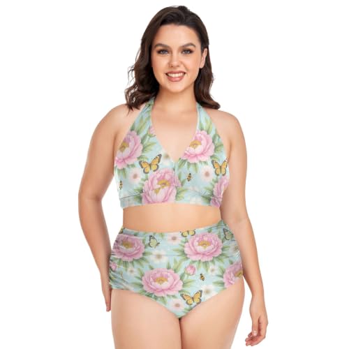 Bikini grande taille contrôle du ventre et dos nu réglable motif abeille