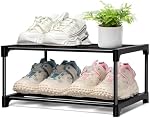 Small Shoe Rack Stackable Shoe Rack Small 2 Tier, Black Shoe Racks Storage Organizer, Durable Shoe Stand Metal Shoe Rack for Narrow Space Closet Entryway Hallway