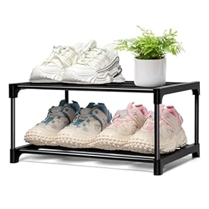 OLYREO Schuhregal mit 2 Ebenen, Schuhregale Schmal Platzsparend aus Metall Schwarz, Stapelbar Dauerhafte Schuhregal Klein Schuhaufbewahrung für 4 Paar Schuhe für Flur, Wohnzimmer, Schlafzimmer