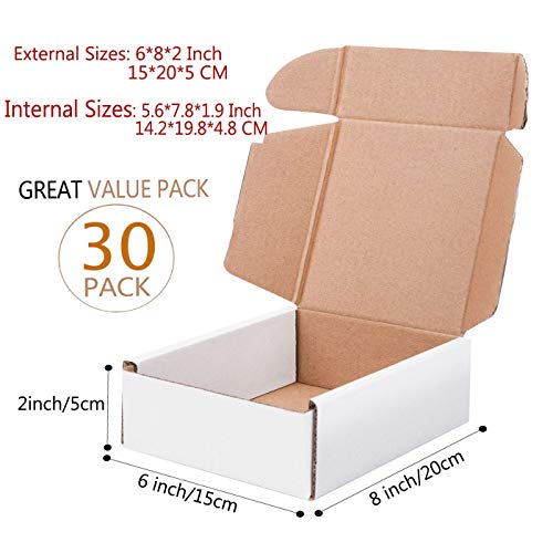 Kaderron Small Shipping Boxes, 8" x 6" x 2" Recyclable Literature Mailers, 30 Pack Corrugated Cardboard Box (8 x 6 x 2 Inch, White)