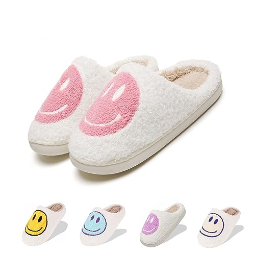 Fuzzy Slippers for Women Men, Cute Retro Fluffy Happy Face House Slippers, Plush Memory Foam Slippers for Women Indoor and Outdoor Cozy Trendy Slip-On Shoes