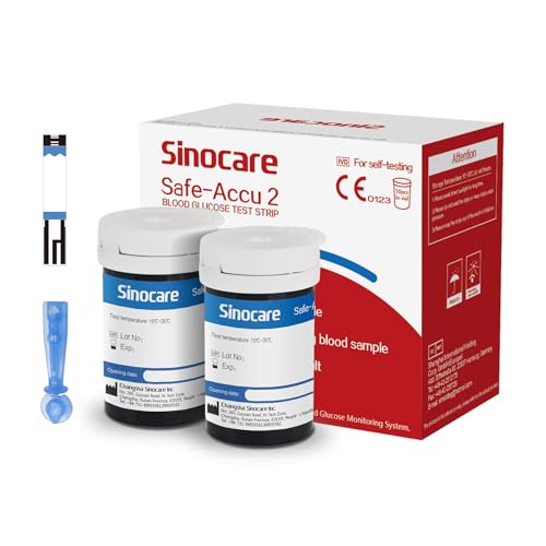 Sinocare Strisce Reattive di Glucosio nel Sangue Precisa Anti-Interferenza Solo per Safe-Accu2 Contiene 50 Strisce e 50 Lancette, Solo per il Glucometro Safe-Accu2
