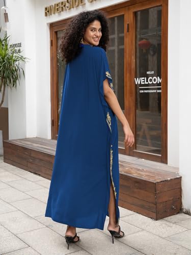 Image of KECVOT Kaftan Dresses for Women Embroidered Short Sleeve V-Neck Plus Size Caftan Bikini Swimsuit Cover-Up Long Beach Dress