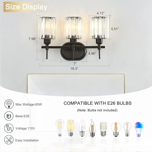 Image of Black Bathroom Vanity Light, 3-Light Bathroom Lighting Fixtures Over Mirror, Modern Crystal Wall Sconces with Crystal Clear Shades for Bedroom Living Room